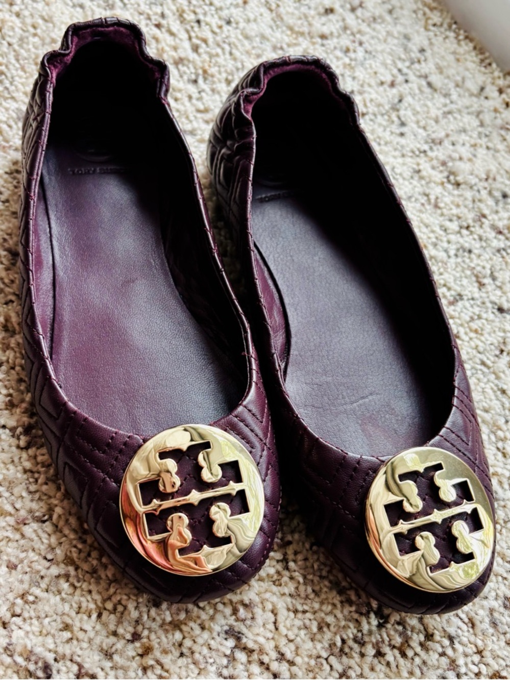 Tory Burch Quilted Ballet Flats with Gold Logo - Plum